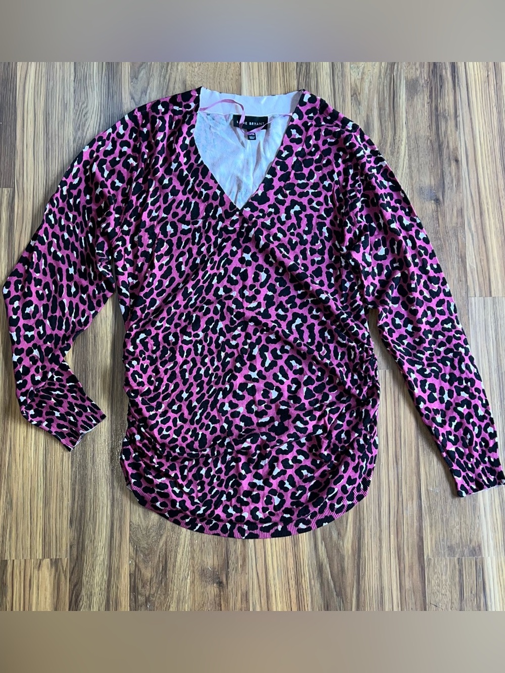 Lane Bryant Pink and Black Leopard Print Long Sleeve V-Neck Top